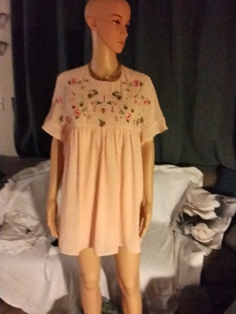 Light Pink Embroidered Mini Dress with Floral Yoke